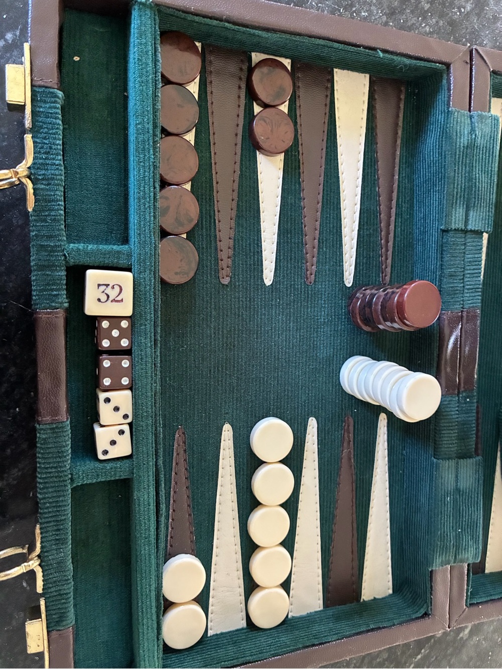 Vintage Magnetic Green Corduroy Travel Backgammon Set